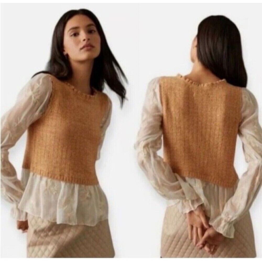 NWT Anthropologie Sweater Layered Sheer Embroidered Blouse Top Floral 2X Peplum